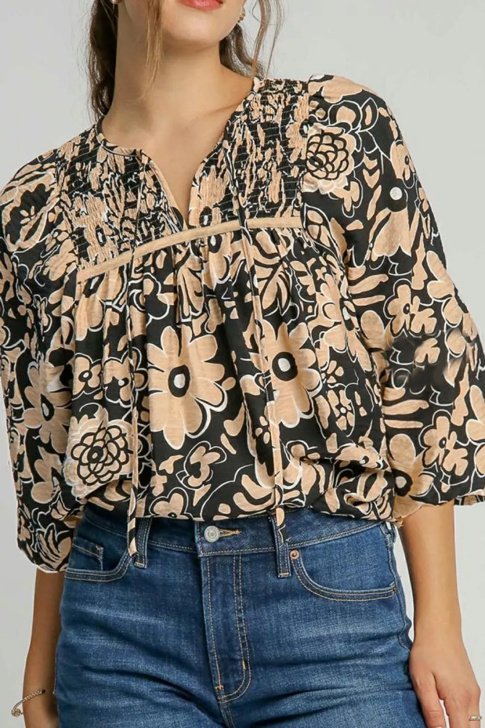 Hot Dear-Lover Floral Shirred Yoke Bracelet Sleeve Split Neck Boho Blouse Black