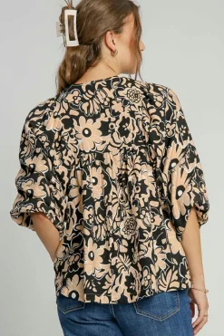 Hot Dear-Lover Floral Shirred Yoke Bracelet Sleeve Split Neck Boho Blouse Black