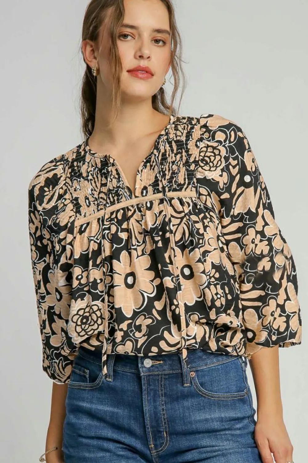 Hot Dear-Lover Floral Shirred Yoke Bracelet Sleeve Split Neck Boho Blouse Black