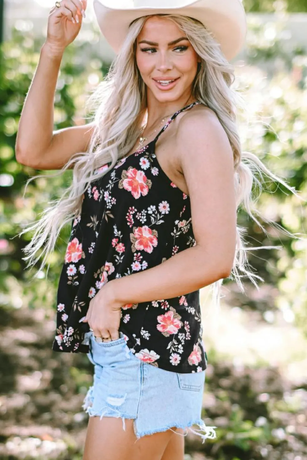 New Dear-Lover Floral Spaghetti Straps Strappy Back Tank Top Black