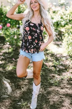 New Dear-Lover Floral Spaghetti Straps Strappy Back Tank Top Black