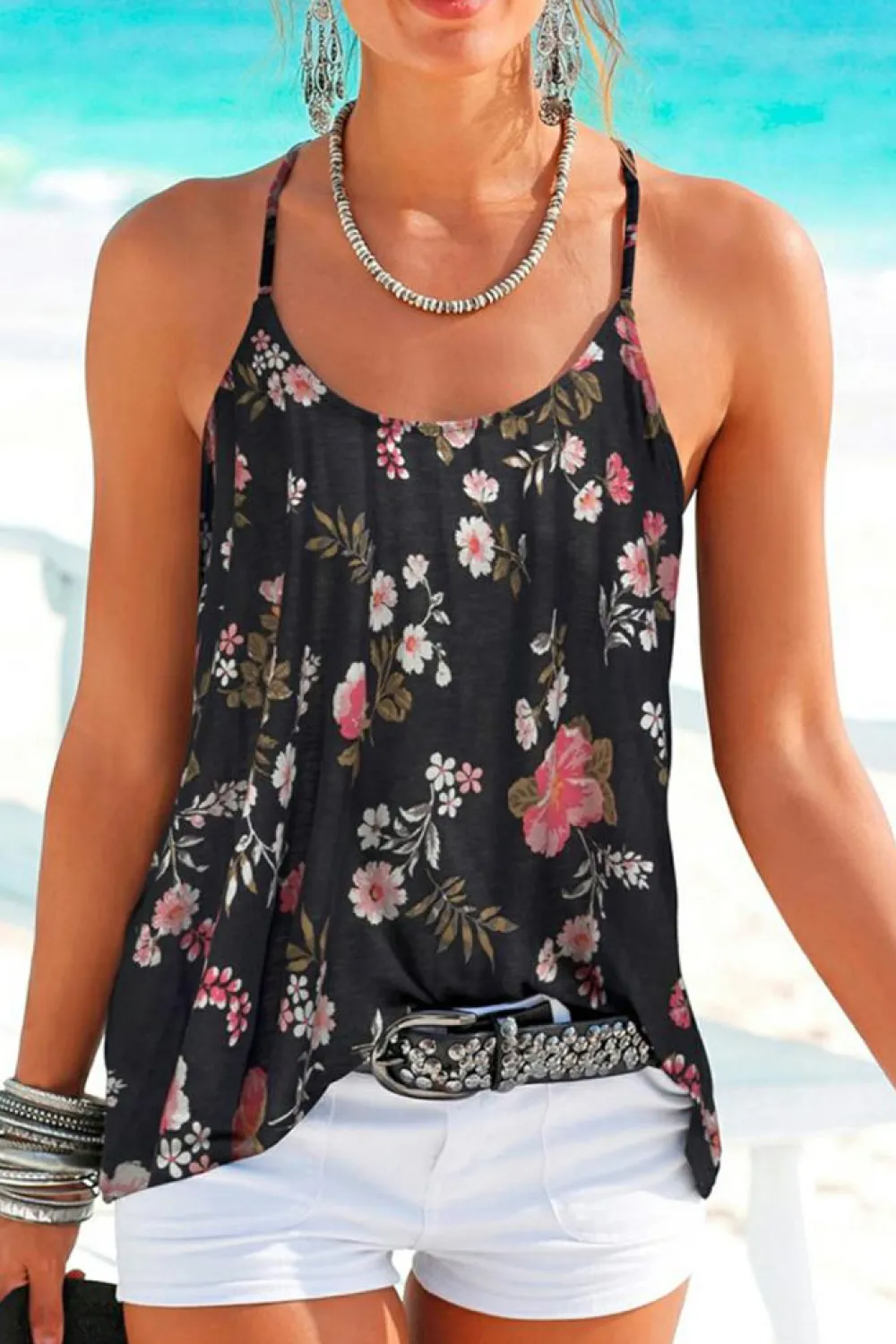 New Dear-Lover Floral Spaghetti Straps Strappy Back Tank Top Black