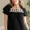New Dear-Lover Flower Crochet Square Neck Textured Short Sleeve Blouse Black