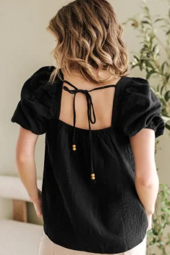 New Dear-Lover Flower Crochet Square Neck Textured Short Sleeve Blouse Black