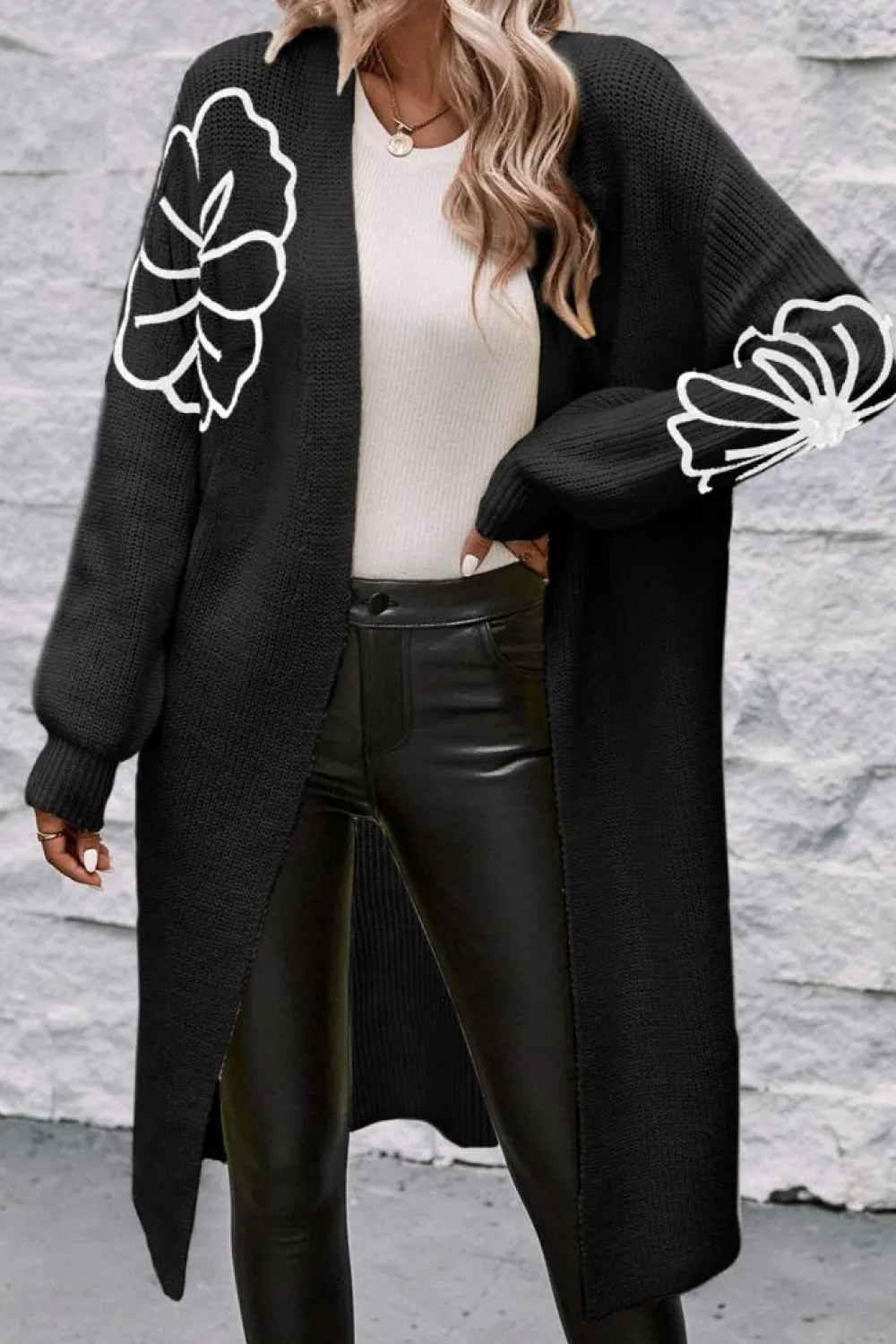 Outlet Dear-Lover Flower Embroidered Drop Shoulder Open Front Duster Cardigan Black