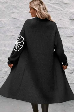 Outlet Dear-Lover Flower Embroidered Drop Shoulder Open Front Duster Cardigan Black