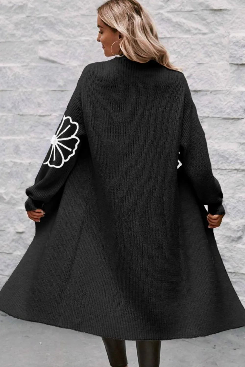 Outlet Dear-Lover Flower Embroidered Drop Shoulder Open Front Duster Cardigan Black