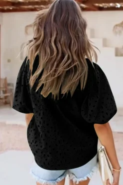 Discount Dear-Lover Flower Embroidered Hollow-out Puff Sleeve Blouse Black
