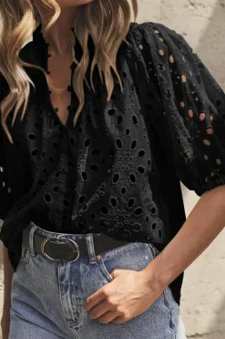 Discount Dear-Lover Flower Embroidered Hollow-out Puff Sleeve Blouse Black