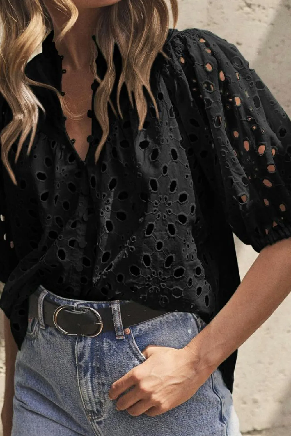 Discount Dear-Lover Flower Embroidered Hollow-out Puff Sleeve Blouse Black