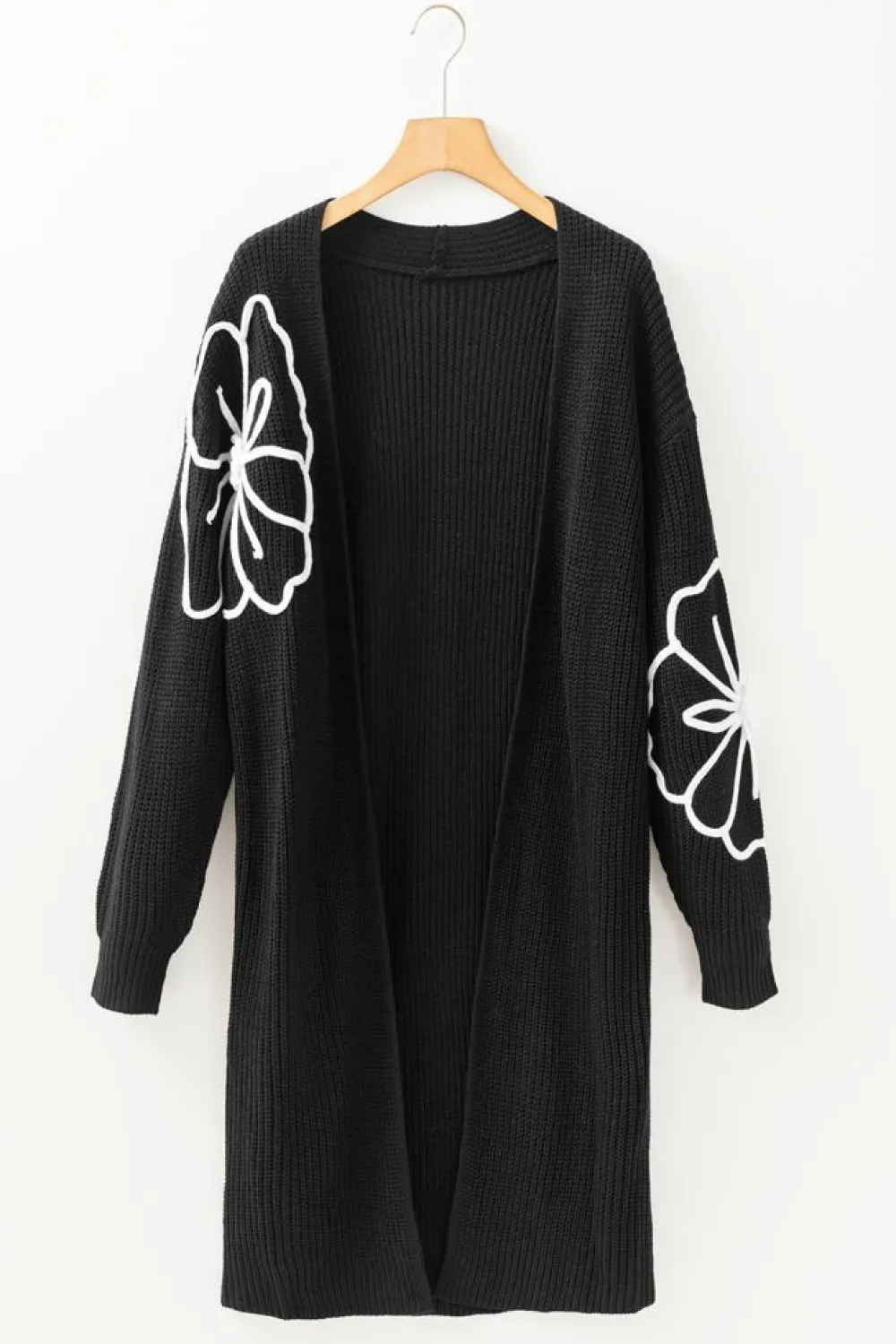 Outlet Dear-Lover Flower Embroidered Drop Shoulder Open Front Duster Cardigan Black