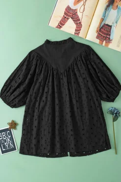 Discount Dear-Lover Flower Embroidered Hollow-out Puff Sleeve Blouse Black