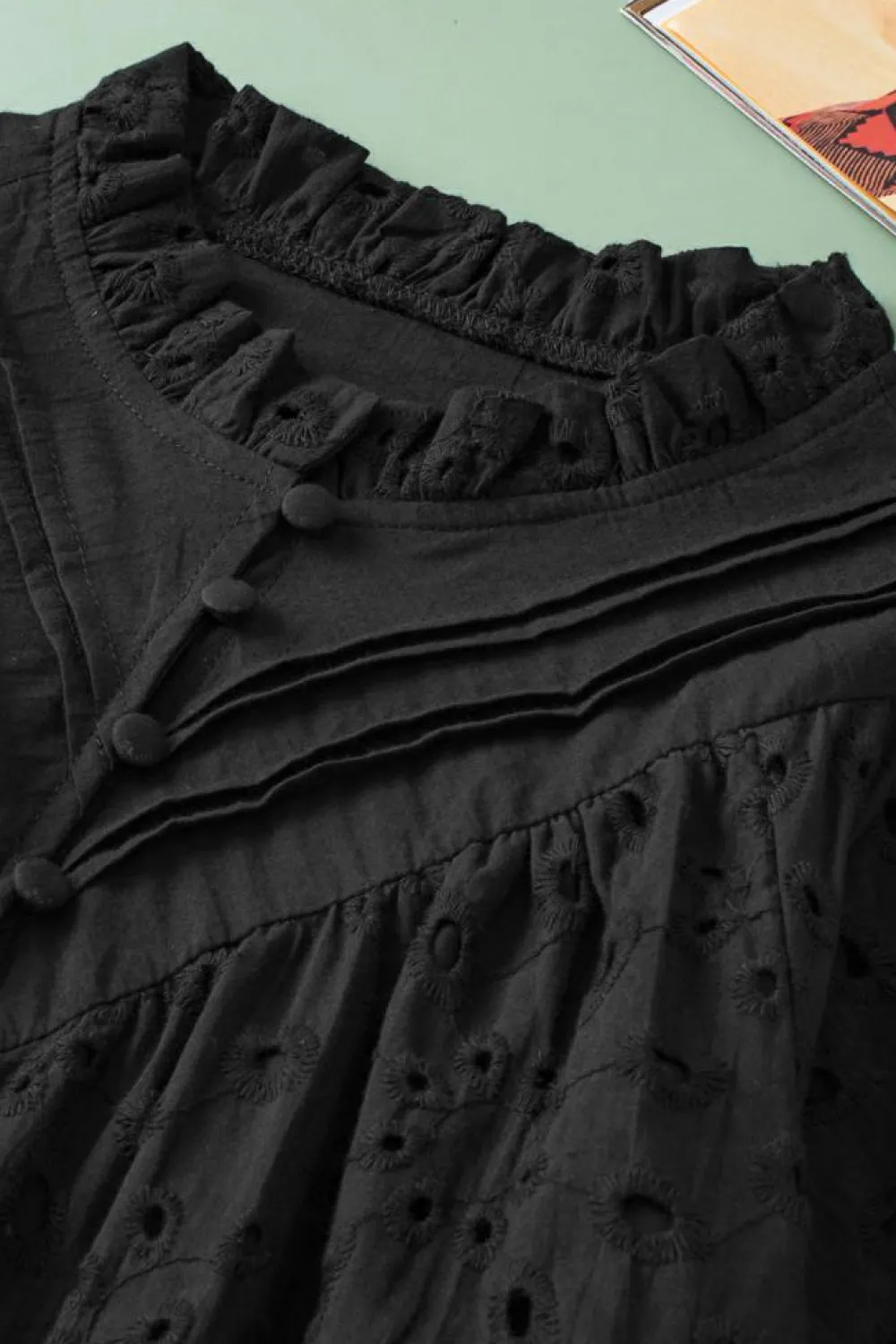 Discount Dear-Lover Flower Embroidered Hollow-out Puff Sleeve Blouse Black