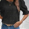 Hot Dear-Lover Flower Eyelet Jacquard Keyhole Flounce Sleeve Top Black