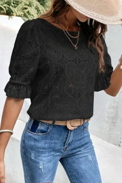 Hot Dear-Lover Flower Eyelet Jacquard Keyhole Flounce Sleeve Top Black