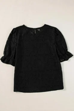 Hot Dear-Lover Flower Eyelet Jacquard Keyhole Flounce Sleeve Top Black
