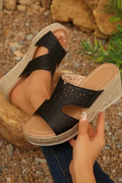 Fashion Dear-Lover Flower Hollow Out PU Leather Wedge Slippers Black