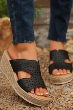 Fashion Dear-Lover Flower Hollow Out PU Leather Wedge Slippers Black
