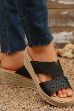 Fashion Dear-Lover Flower Hollow Out PU Leather Wedge Slippers Black