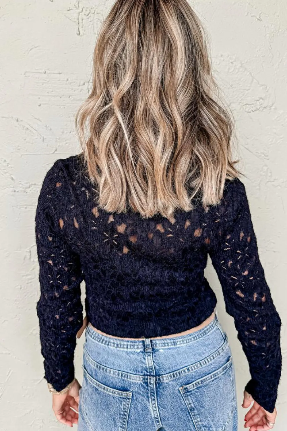 Discount Dear-Lover Flower Lace See Through Mock Neck Long Sleeve Top Black