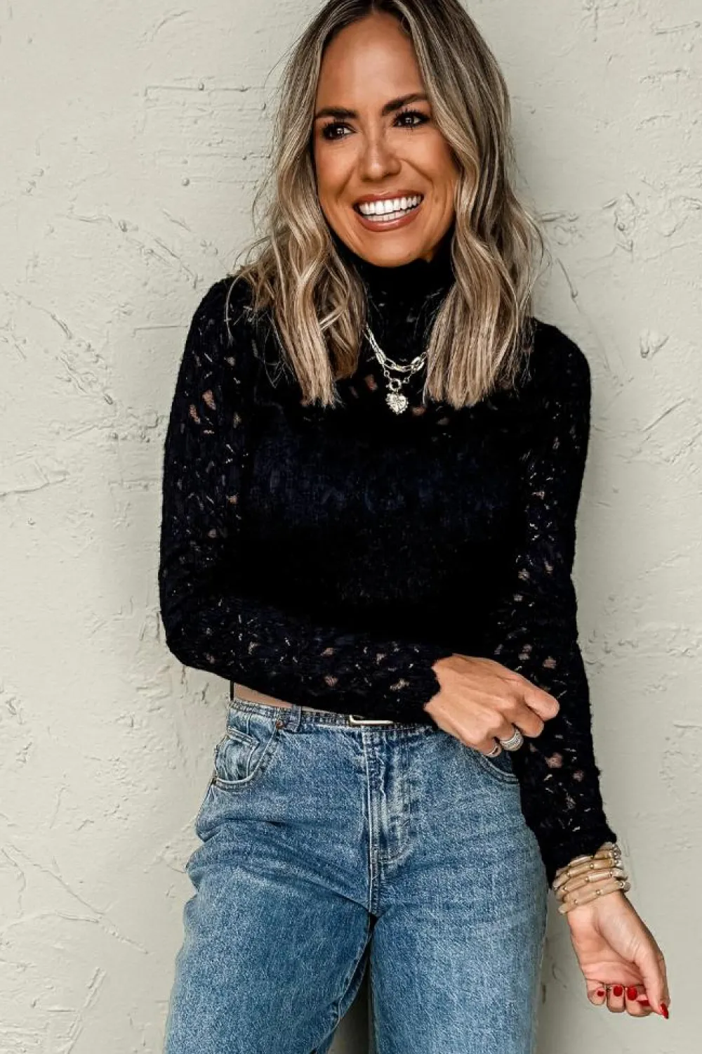 Discount Dear-Lover Flower Lace See Through Mock Neck Long Sleeve Top Black