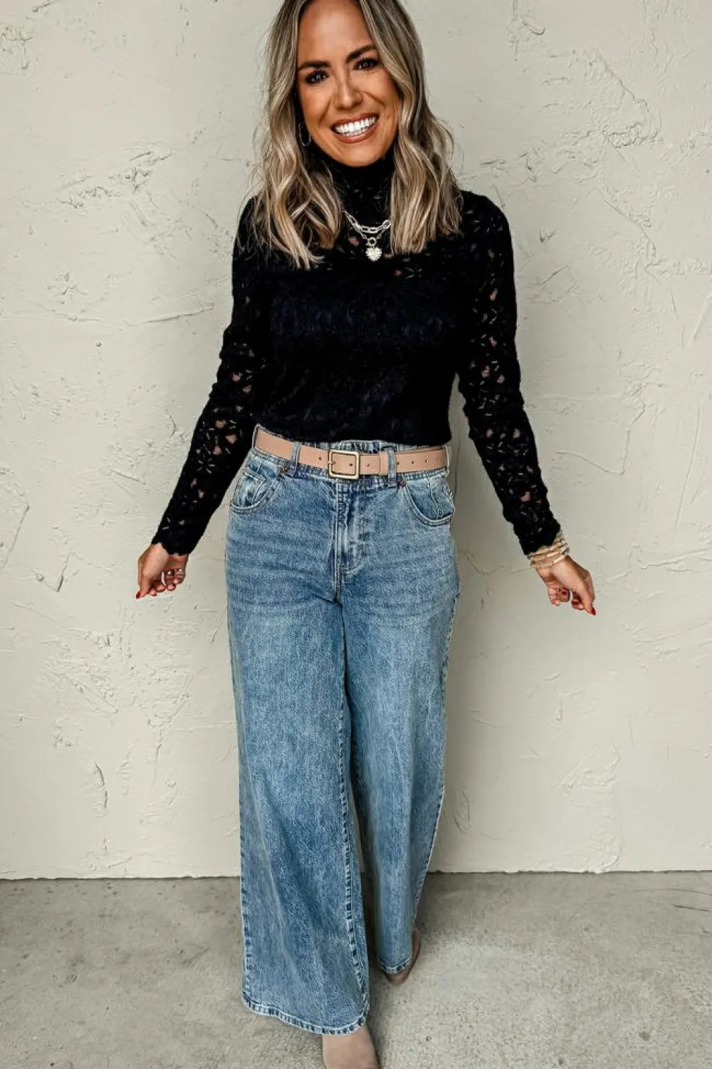 Discount Dear-Lover Flower Lace See Through Mock Neck Long Sleeve Top Black