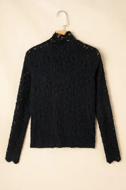 Discount Dear-Lover Flower Lace See Through Mock Neck Long Sleeve Top Black