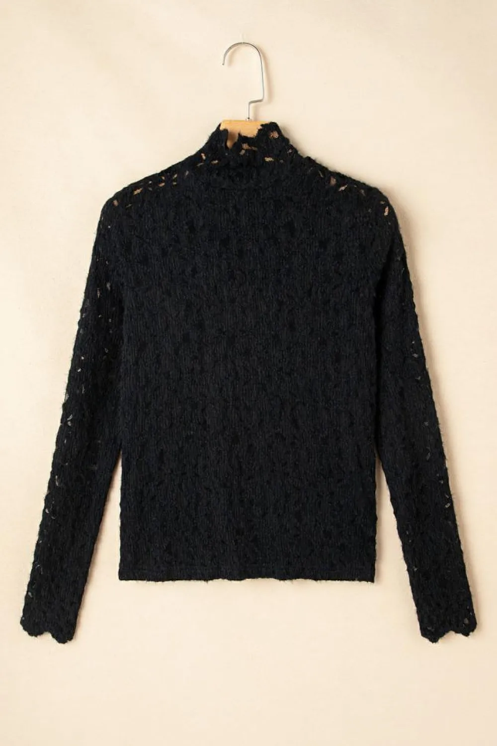 Discount Dear-Lover Flower Lace See Through Mock Neck Long Sleeve Top Black