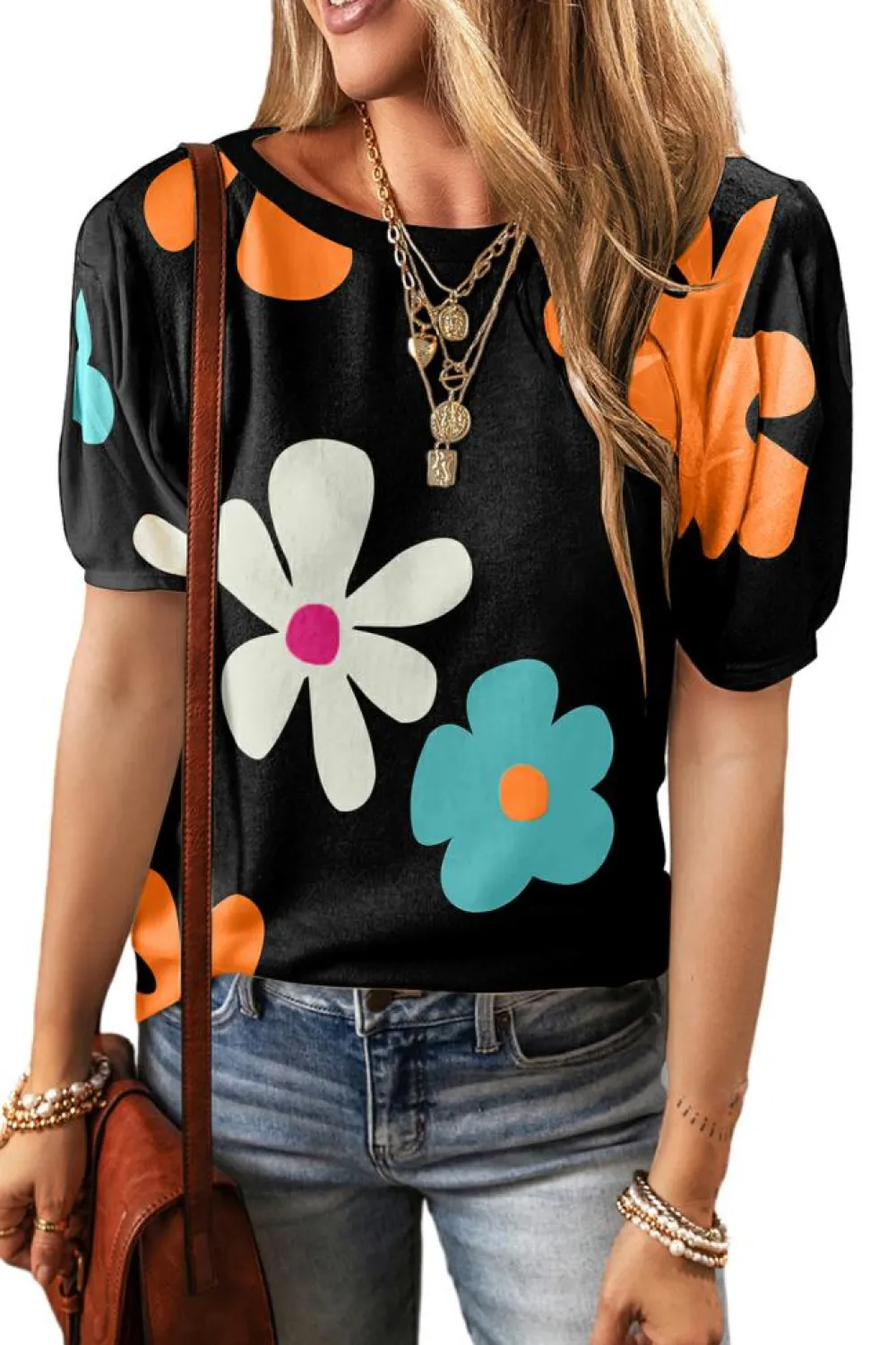 Best Dear-Lover Flower Print Bubble Sleeve Tee Black