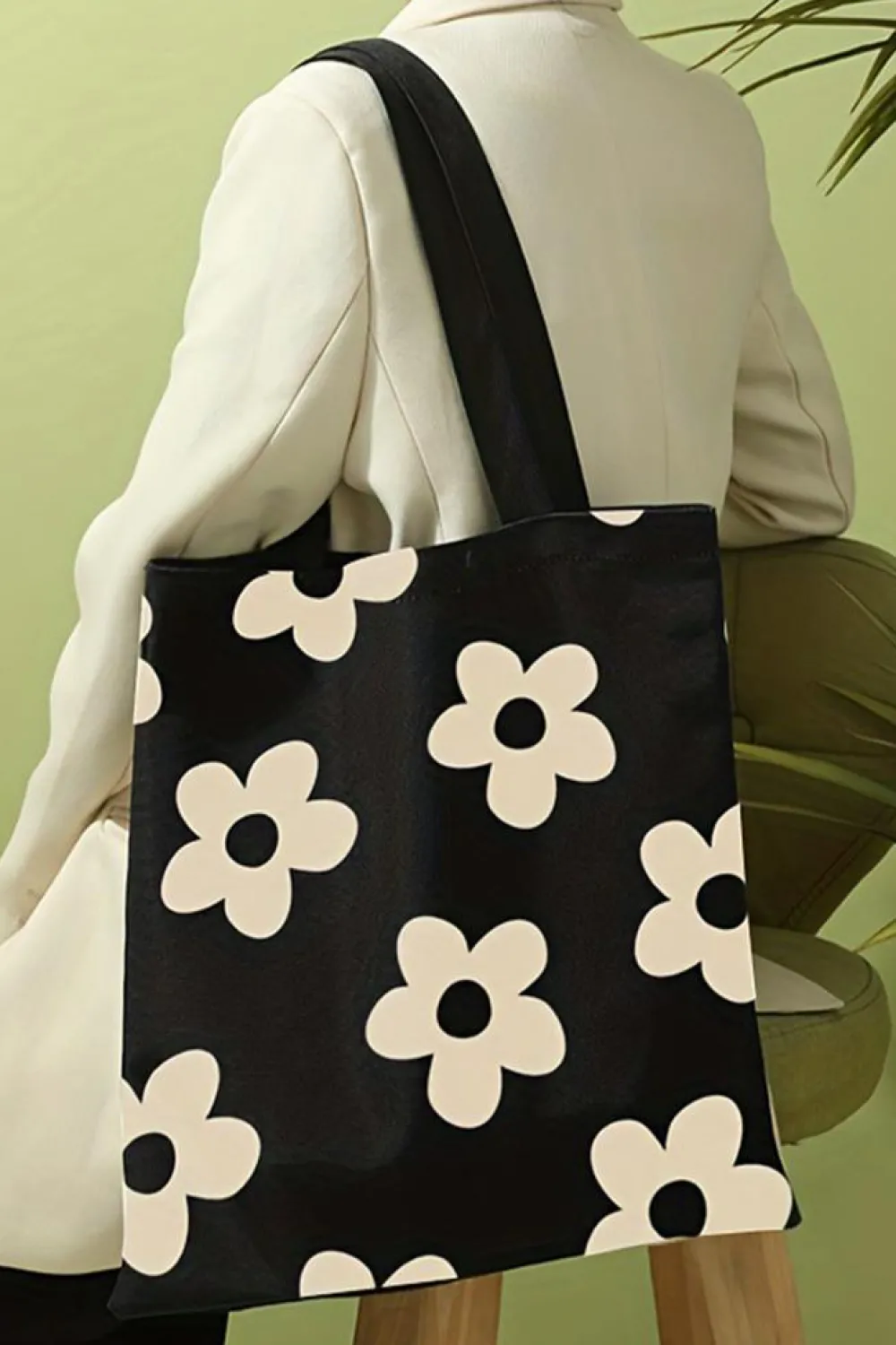 Sale Dear-Lover Flower Print Canvas Large Capacity Shoulder Bag Black
