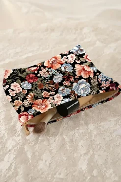 Online Dear-Lover Flower Print Zipper Ribbed Corduroy Large Makeup Bag Black