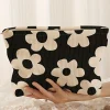 Online Dear-Lover Flower Printed Rib Textured Cosmetic Bag Black