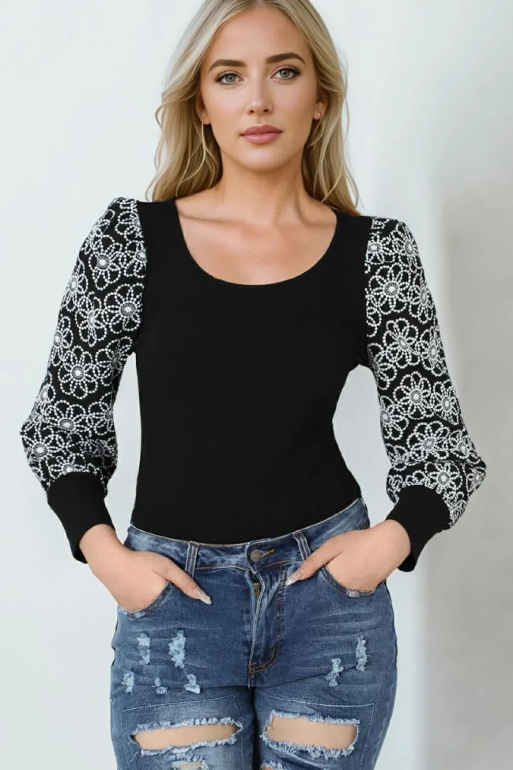 Online Dear-Lover Flower Puff Sleeve Ribbed Knit Top Black