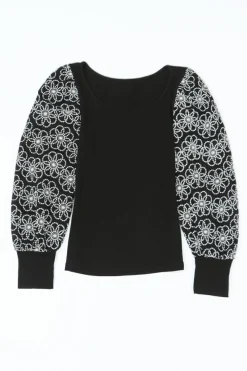 Online Dear-Lover Flower Puff Sleeve Ribbed Knit Top Black