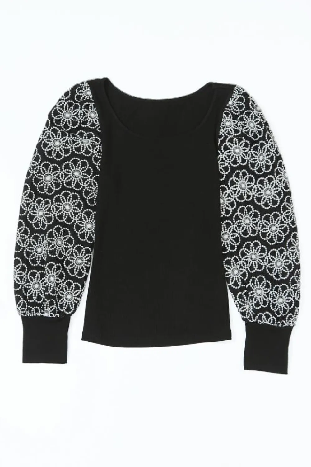 Online Dear-Lover Flower Puff Sleeve Ribbed Knit Top Black