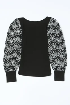 Online Dear-Lover Flower Puff Sleeve Ribbed Knit Top Black