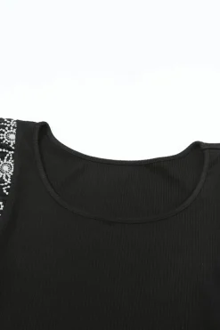 Online Dear-Lover Flower Puff Sleeve Ribbed Knit Top Black