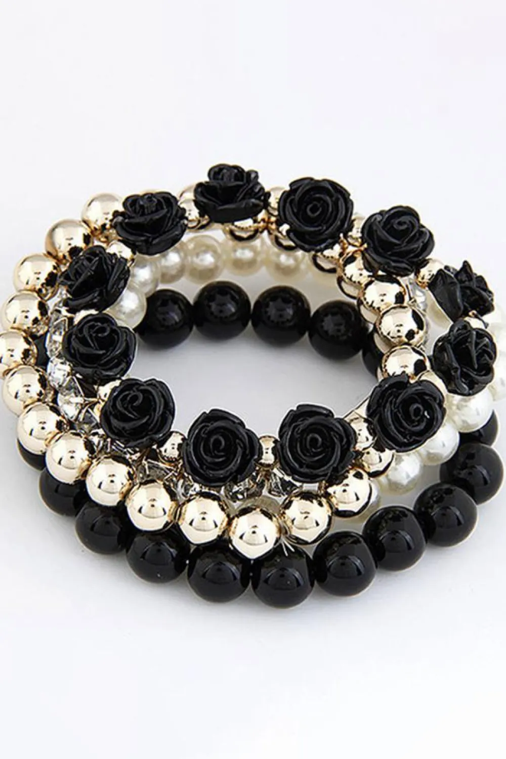 Online Dear-Lover Flower Rhinestone Beaded Multi Layer Bracelet Set Black