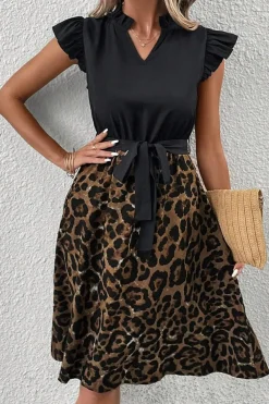 Clearance Dear-Lover Flutter Sleeve Bodice Splicing Leopard Print Dress Black