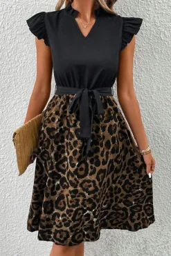 Clearance Dear-Lover Flutter Sleeve Bodice Splicing Leopard Print Dress Black