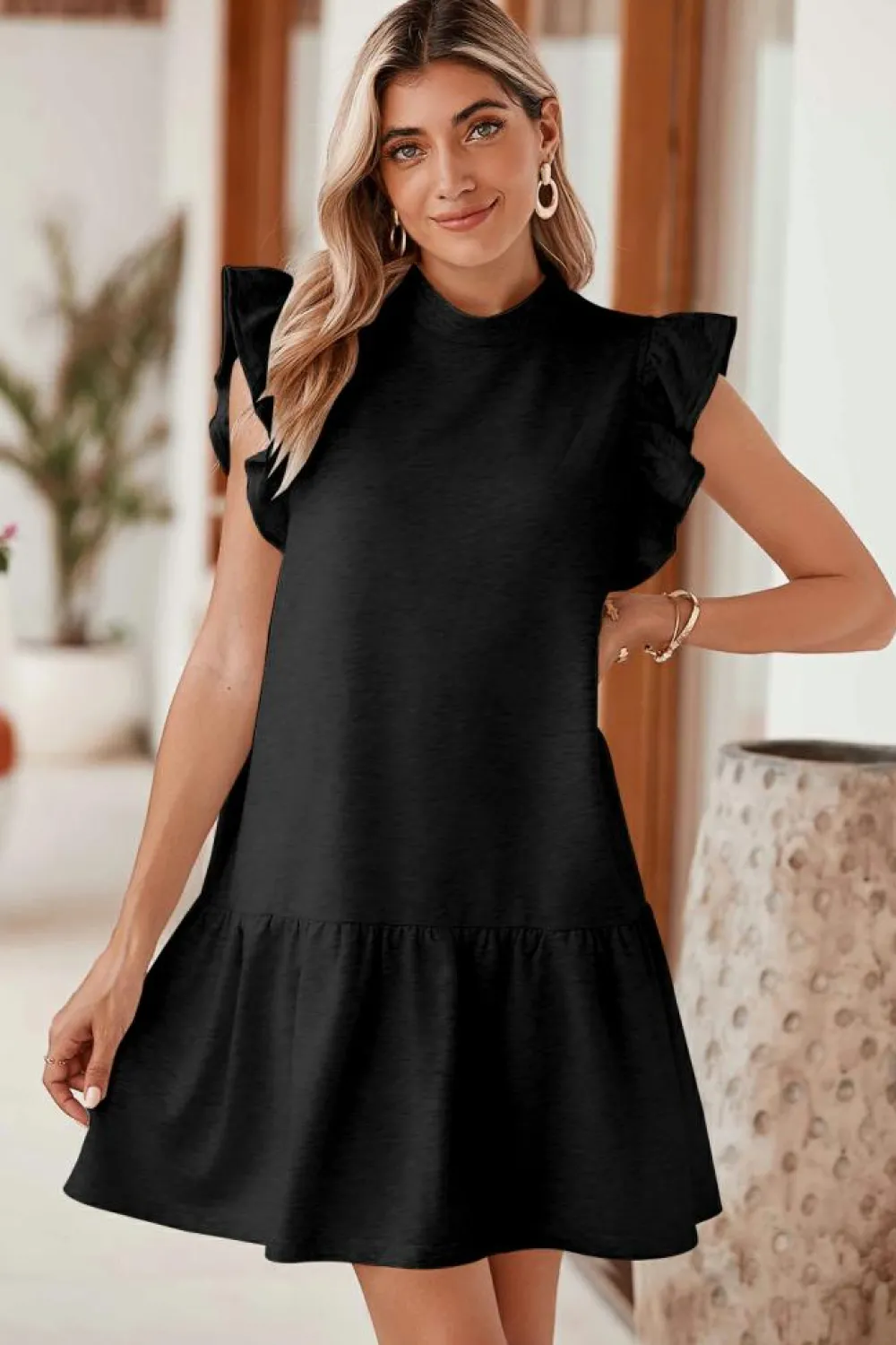 Outlet Dear-Lover Flutter Sleeve Crew Neck Shift Dress Black