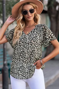 Clearance Dear-Lover Flutter Sleeve V Neck Floral Summer Blouse Black