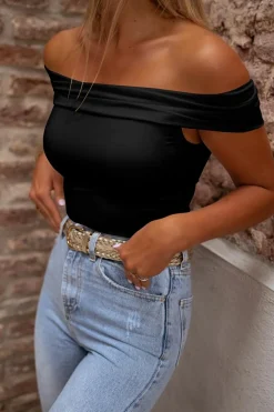 Sale Dear-Lover Folded Off Shoulder Slim Top Black