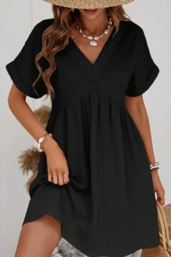 Sale Dear-Lover Folded Short Sleeve Lace V Neck Mini Dress Black