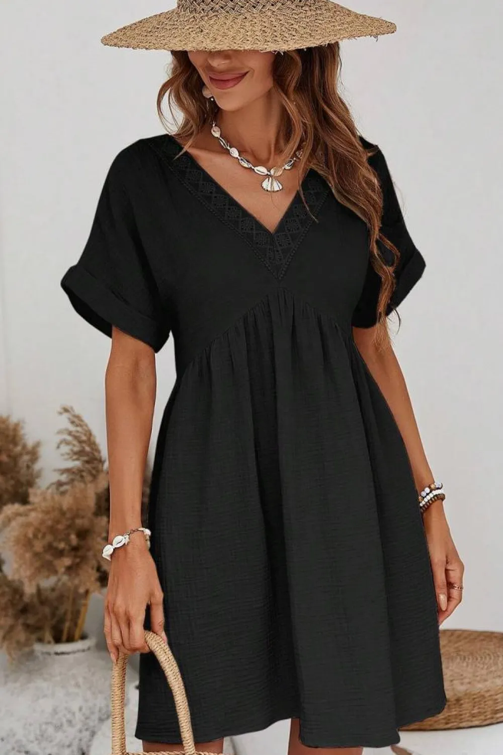 Sale Dear-Lover Folded Short Sleeve Lace V Neck Mini Dress Black