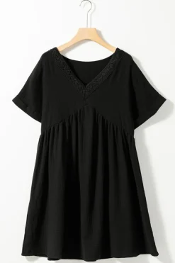 Sale Dear-Lover Folded Short Sleeve Lace V Neck Mini Dress Black