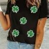 New Dear-Lover Four Leaf Clover Graphic St. Patricks Crewneck Tee Black
