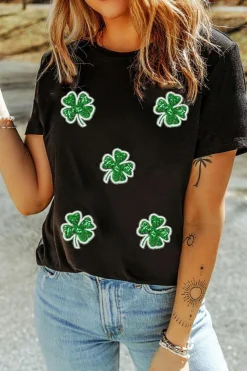 New Dear-Lover Four Leaf Clover Graphic St. Patricks Crewneck Tee Black