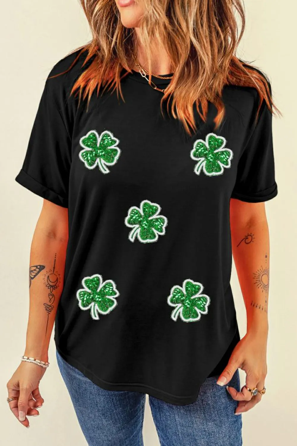 New Dear-Lover Four Leaf Clover Graphic St. Patricks Crewneck Tee Black