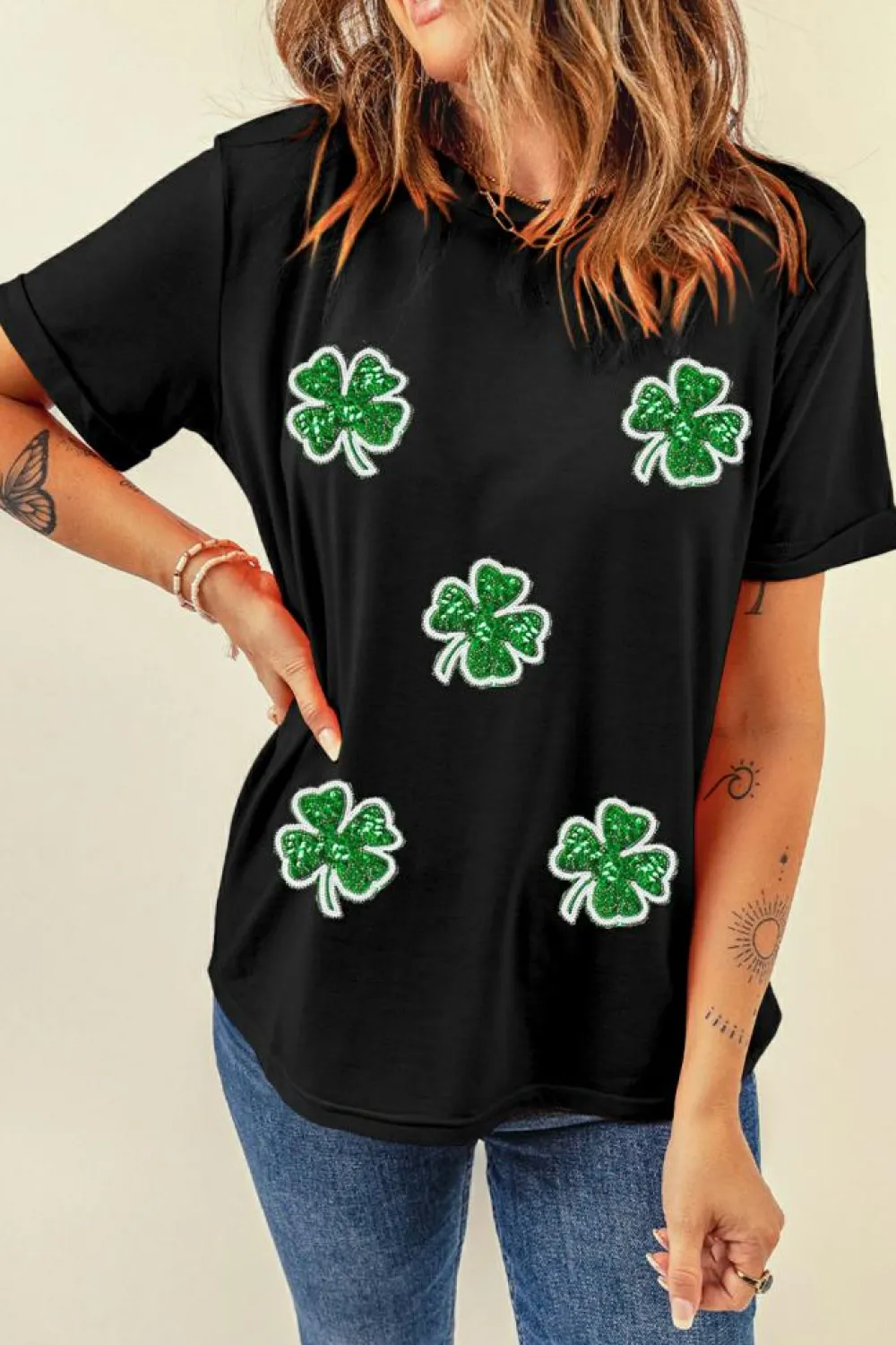 New Dear-Lover Four Leaf Clover Graphic St. Patricks Crewneck Tee Black
